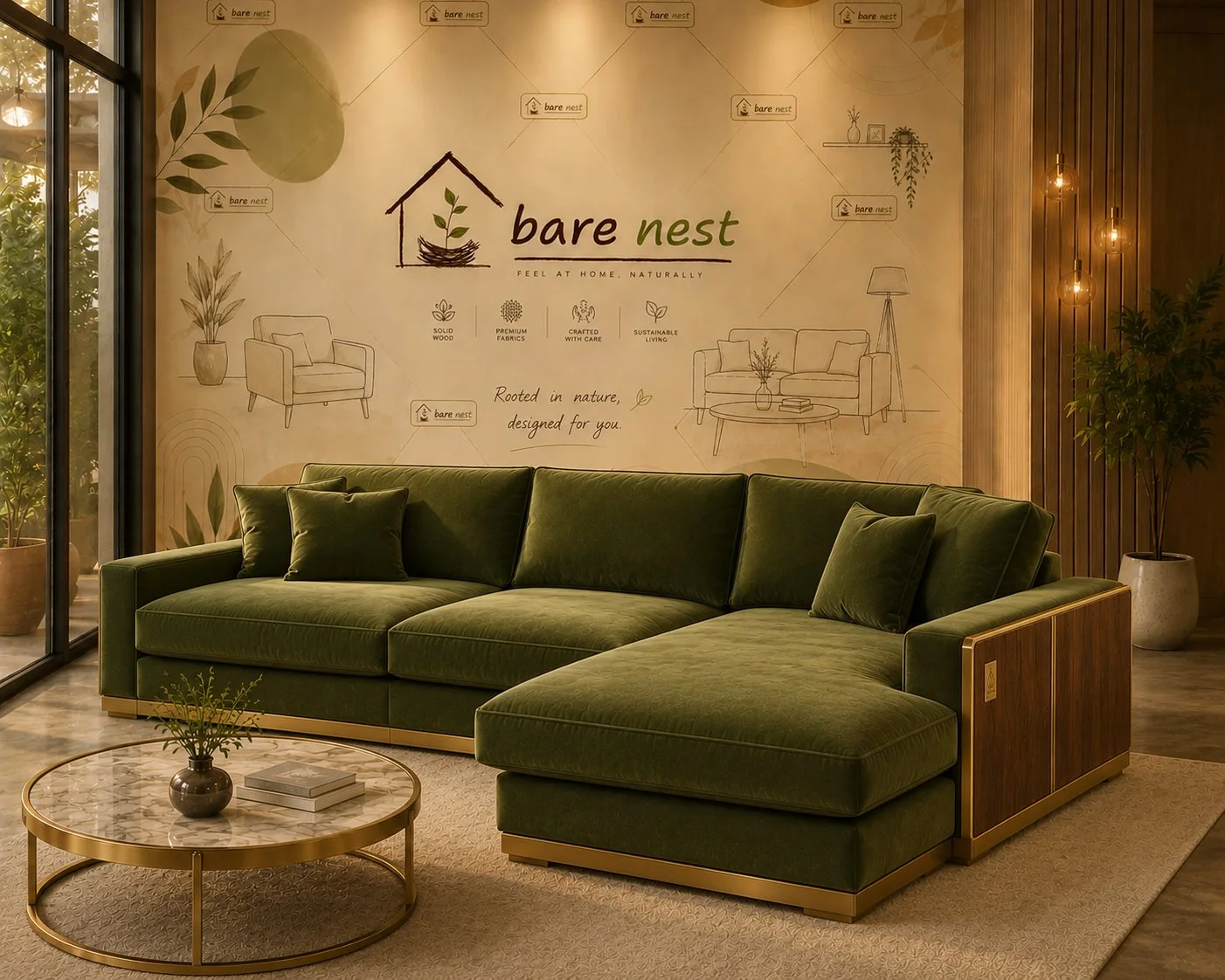 Luxe Olive Green L-Shape Sectional Sofa