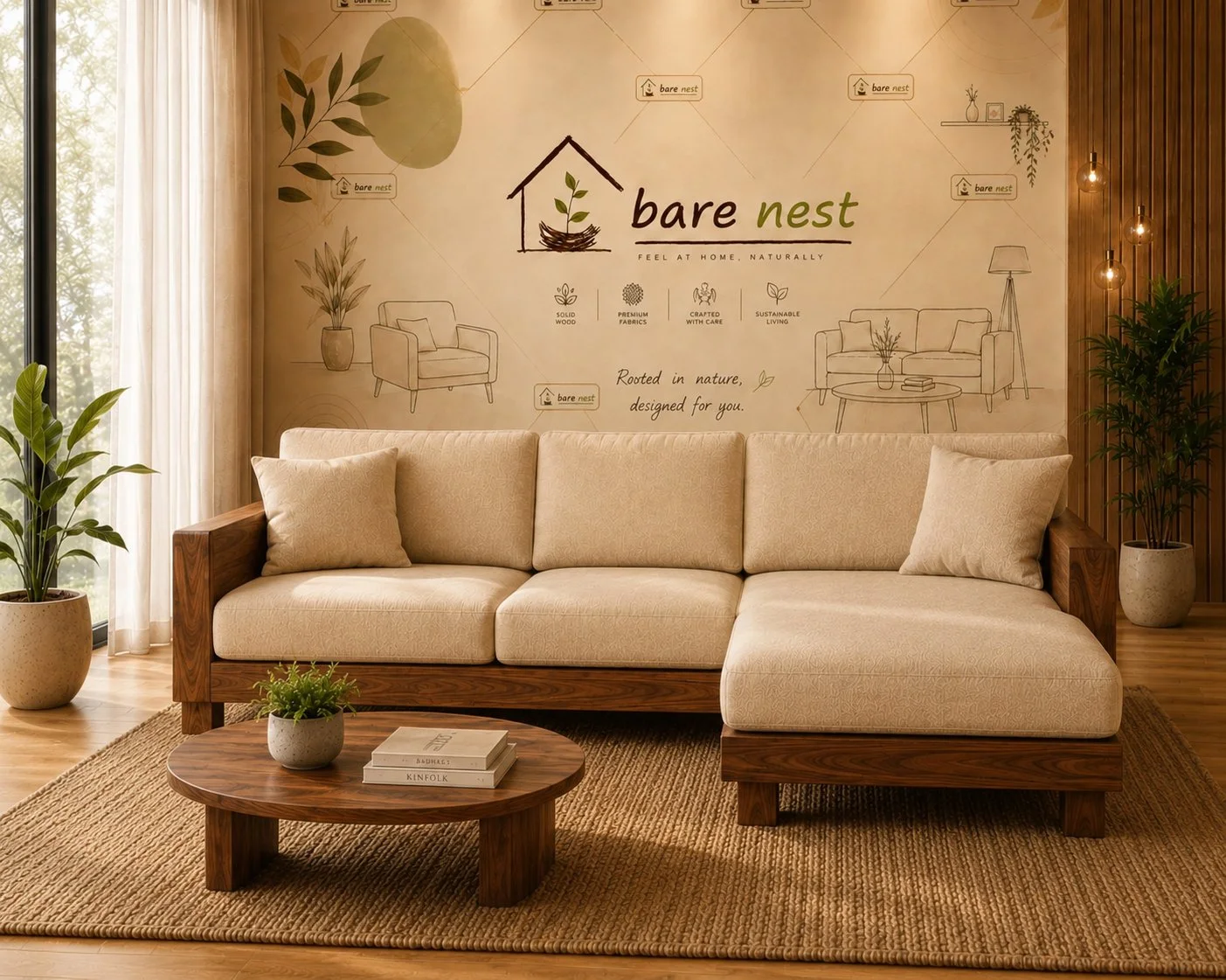 Natural Luxe Wood-Frame L-Shape Sofa