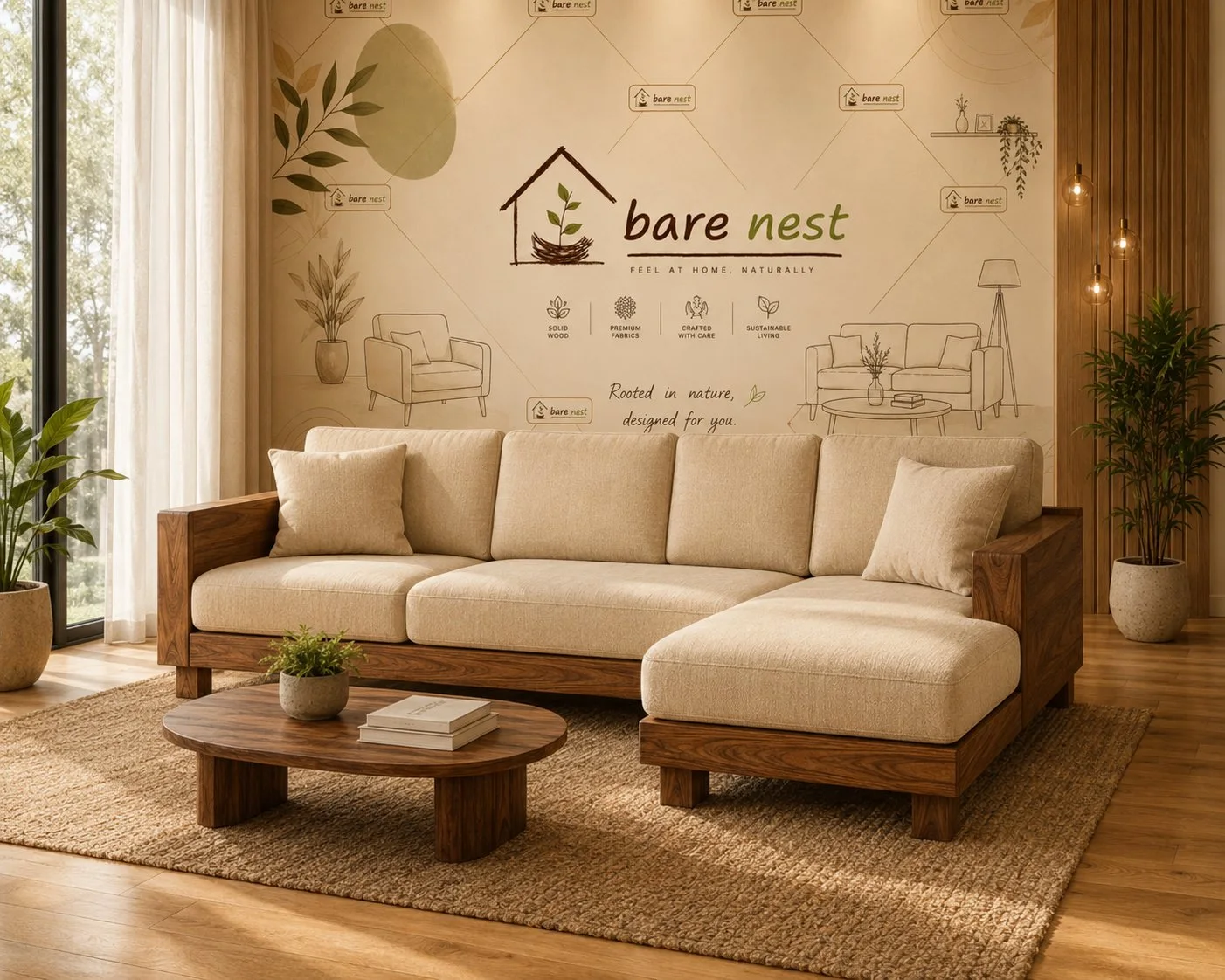 Natural Luxe Wood-Frame L-Shape Sofa detail 2