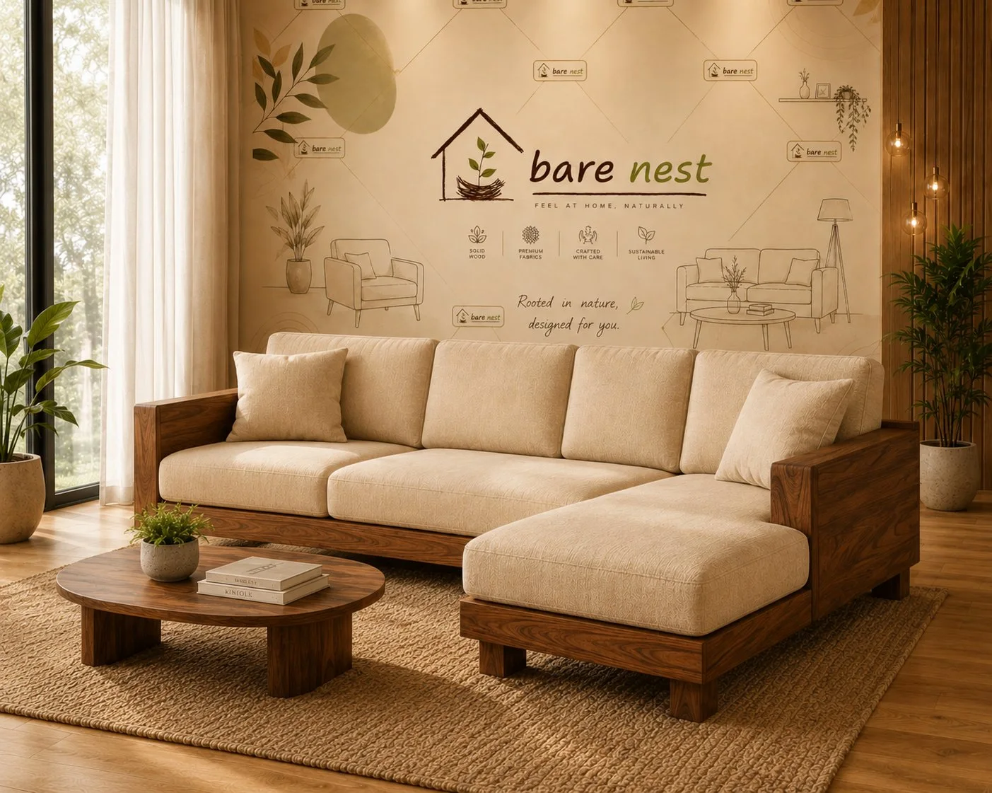Natural Luxe Wood-Frame L-Shape Sofa detail 4
