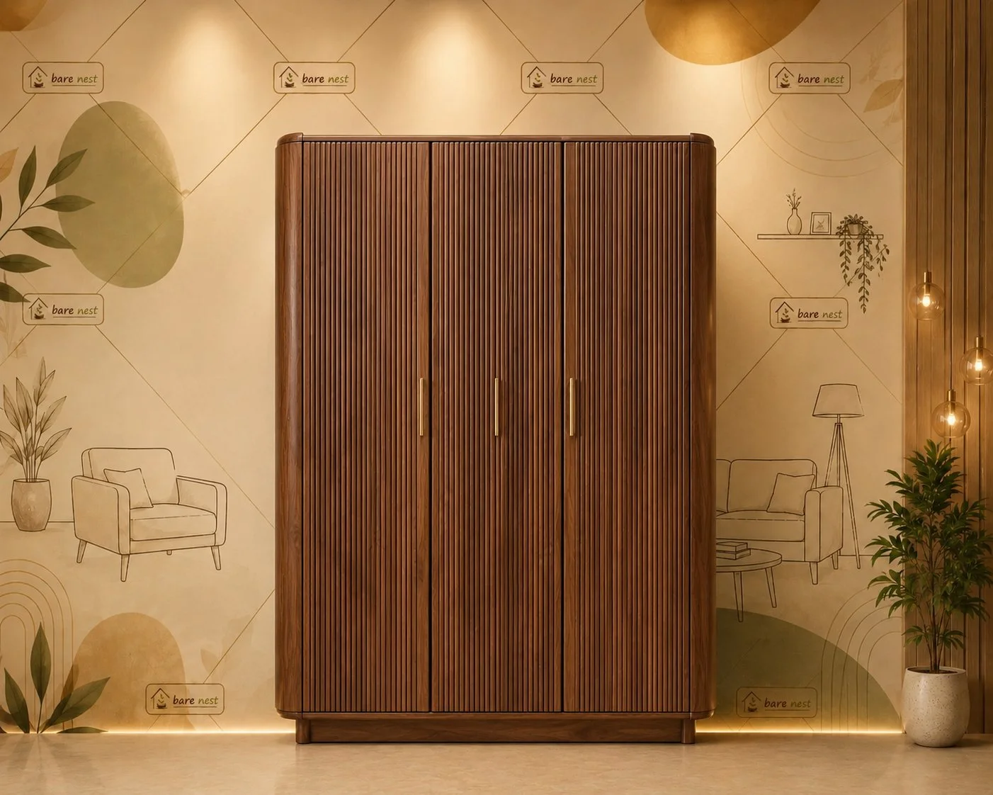 Aurelia 3-Door Fluted Wooden Wardrobe