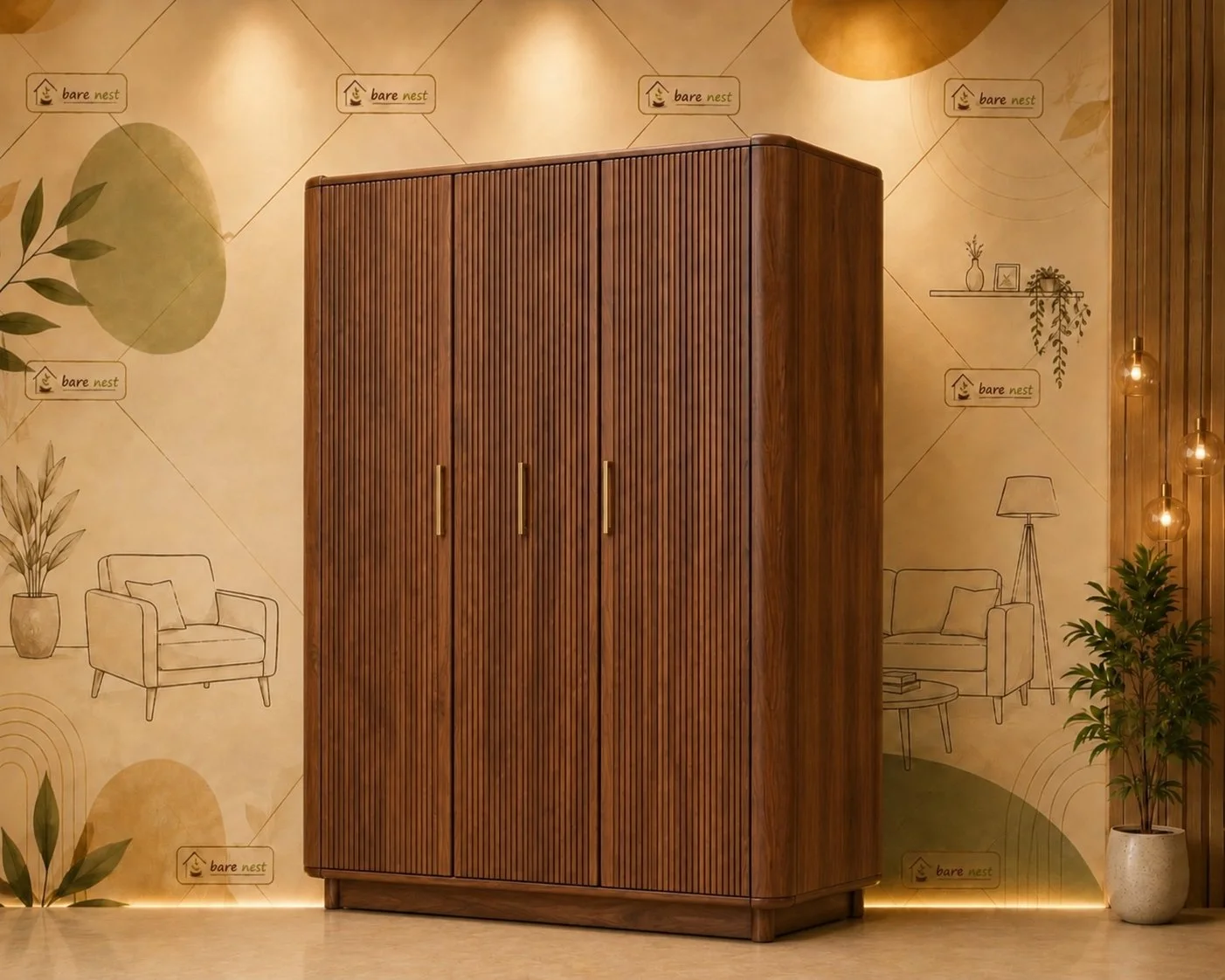 Aurelia 3-Door Fluted Wooden Wardrobe detail 2