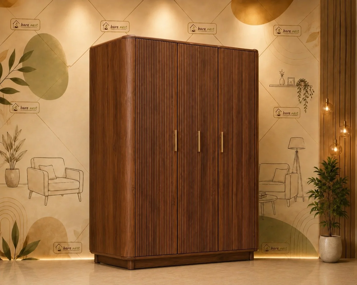 Aurelia 3-Door Fluted Wooden Wardrobe detail 3