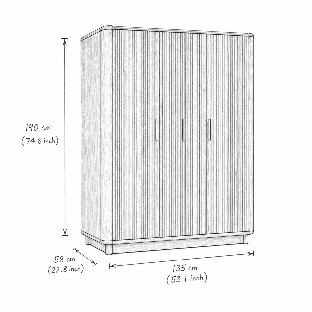 Aurelia 3-Door Fluted Wooden Wardrobe detail 5