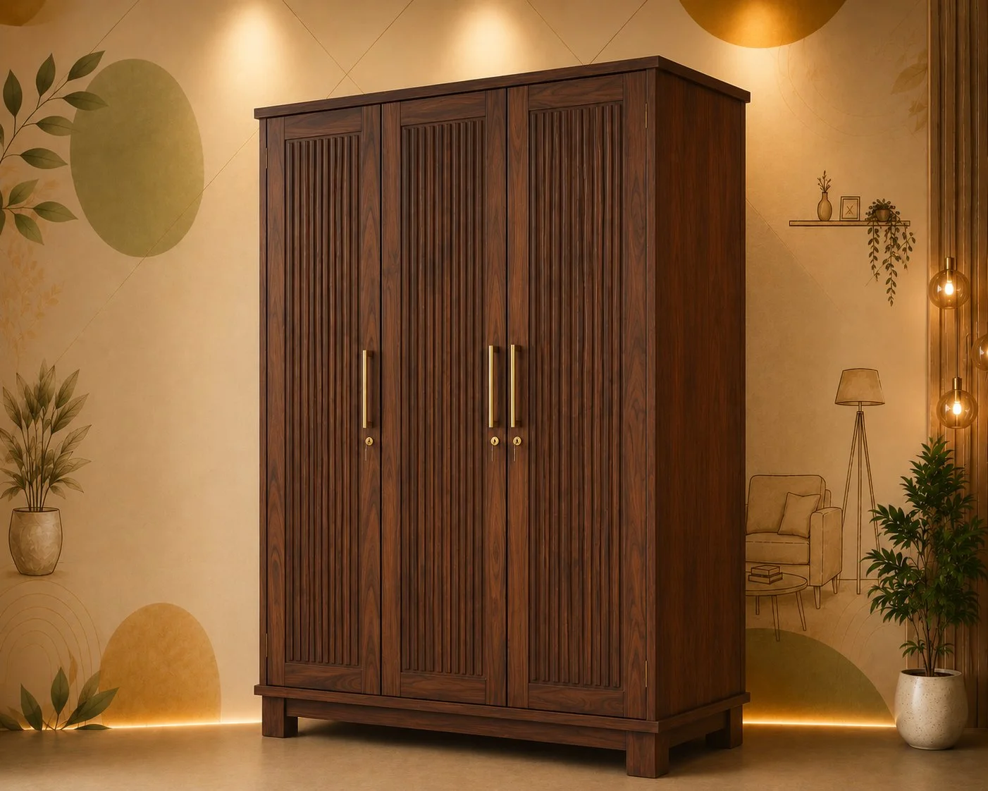Verona 3-Door Fluted Wooden Wardrobe Description: detail 2