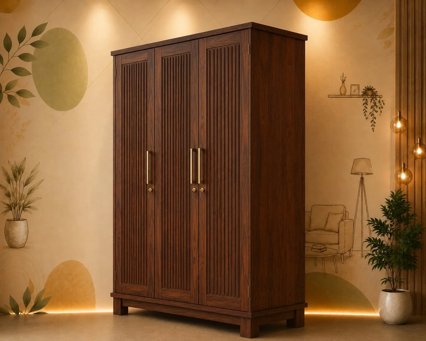 Verona 3-Door Fluted Wooden Wardrobe Description: detail 3