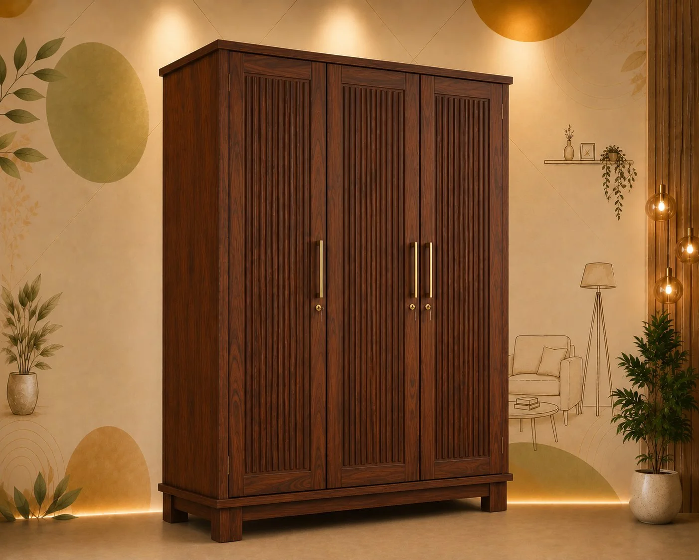 Verona 3-Door Fluted Wooden Wardrobe Description: detail 4