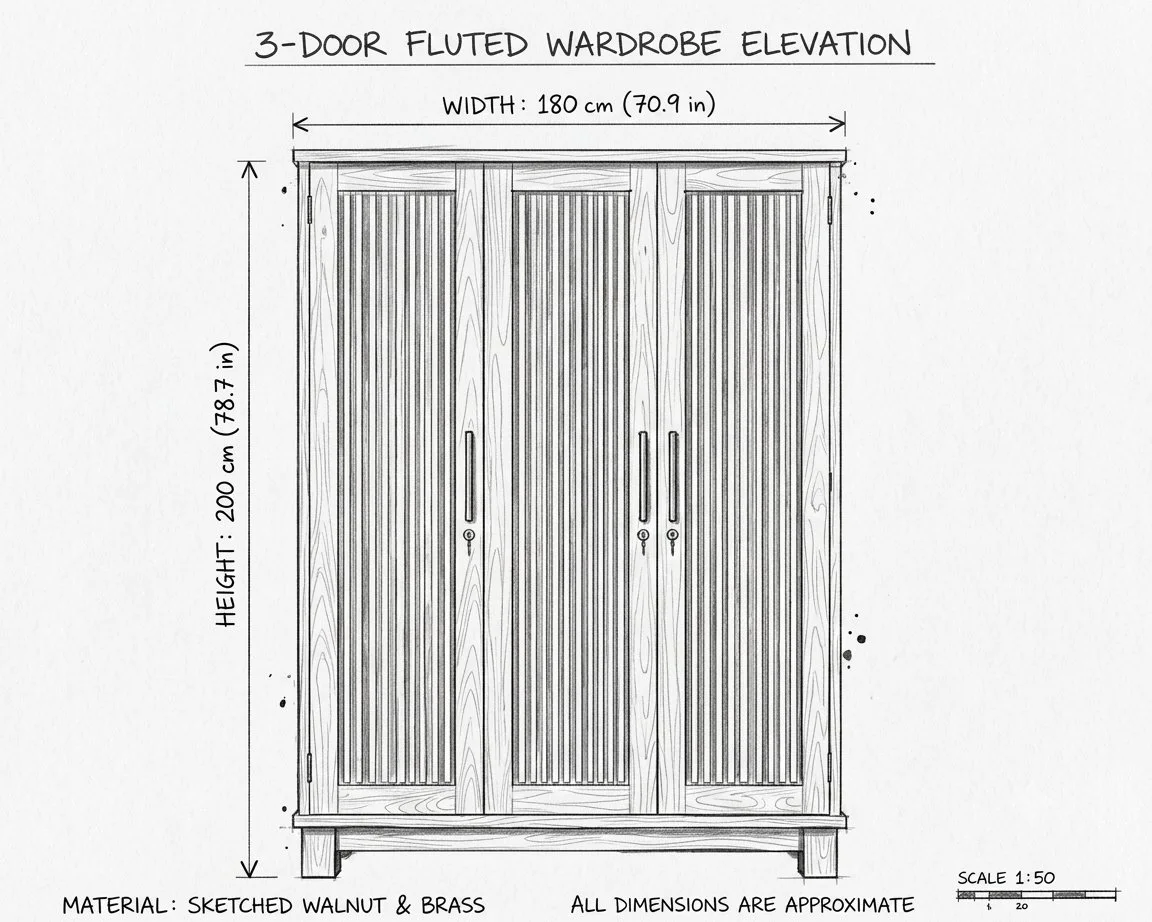 Verona 3-Door Fluted Wooden Wardrobe Description: detail 5
