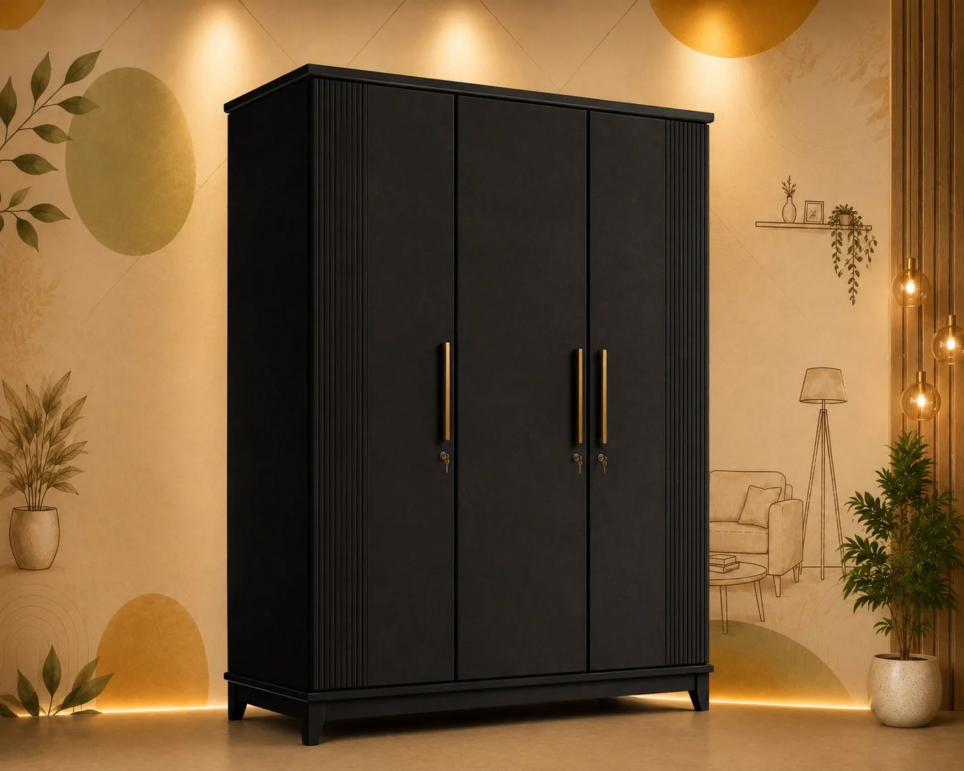 Noir Luxe 3-Door Wooden Wardrobe with Golden Handles