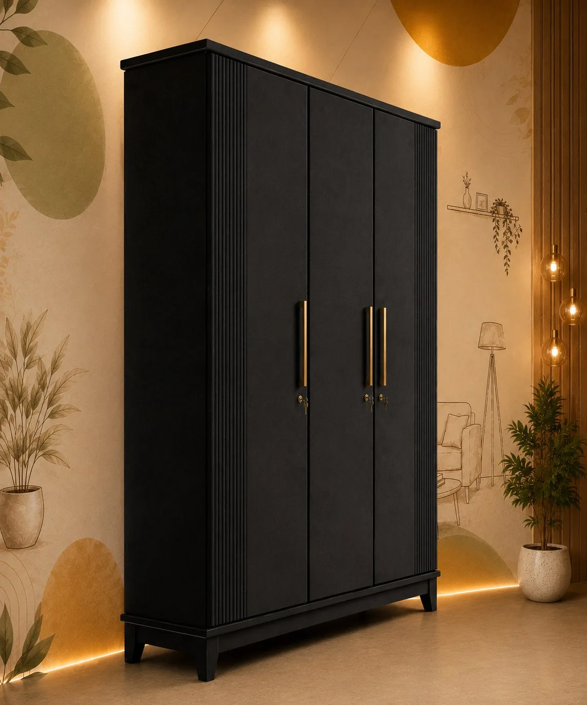 Noir Luxe 3-Door Wooden Wardrobe with Golden Handles detail 2