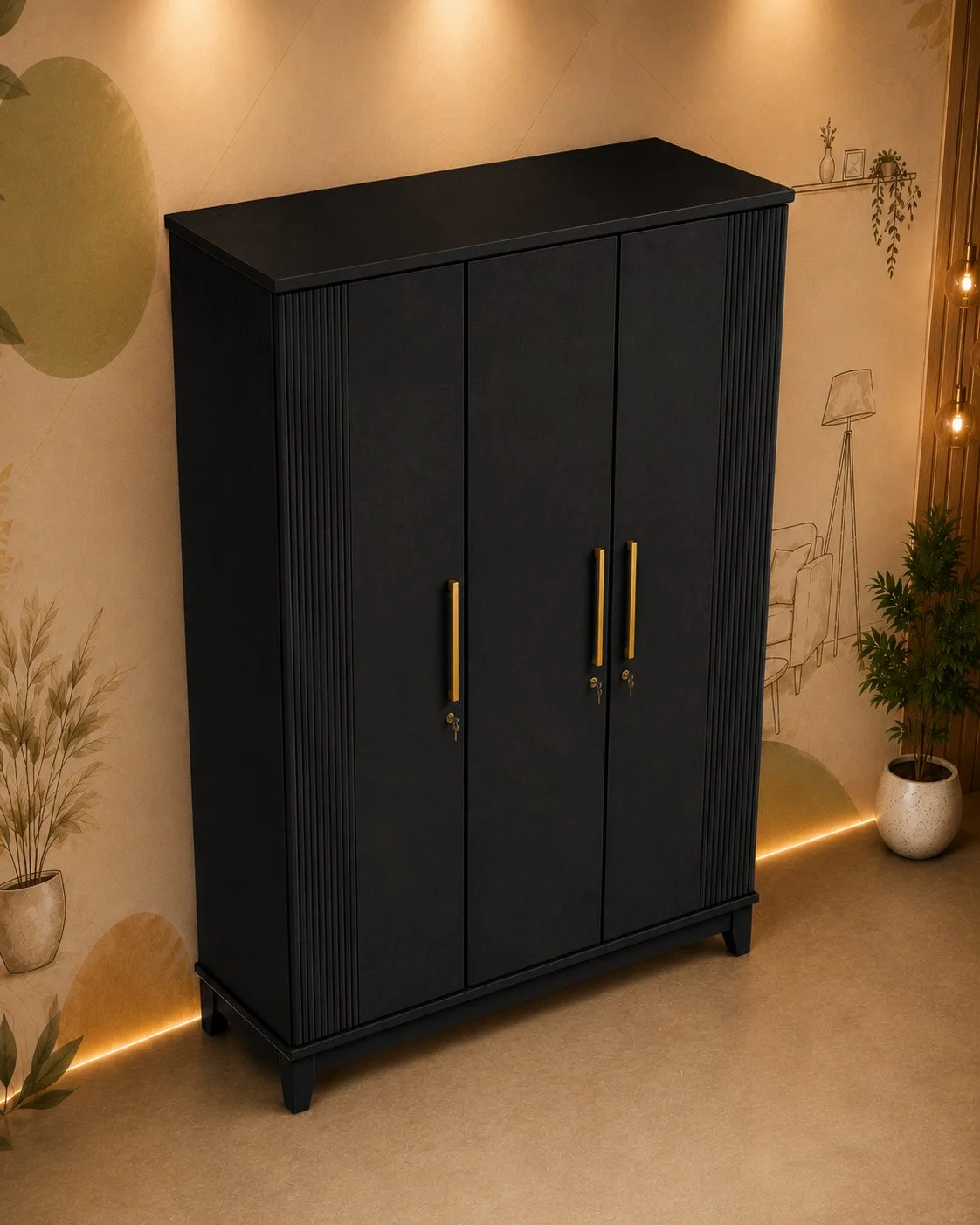 Noir Luxe 3-Door Wooden Wardrobe with Golden Handles detail 3