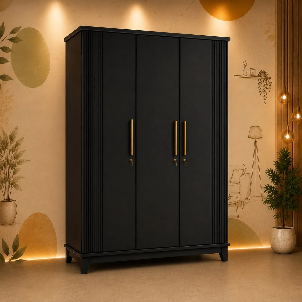 Noir Luxe 3-Door Wooden Wardrobe with Golden Handles detail 4
