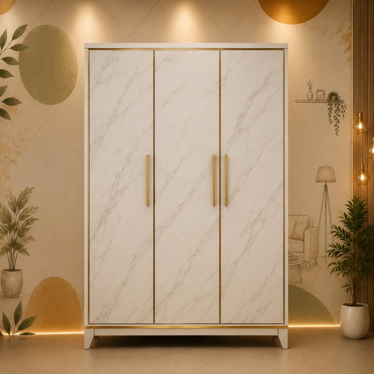 3-Door Ivory Marble Finish Wardrobe with Gold Handles