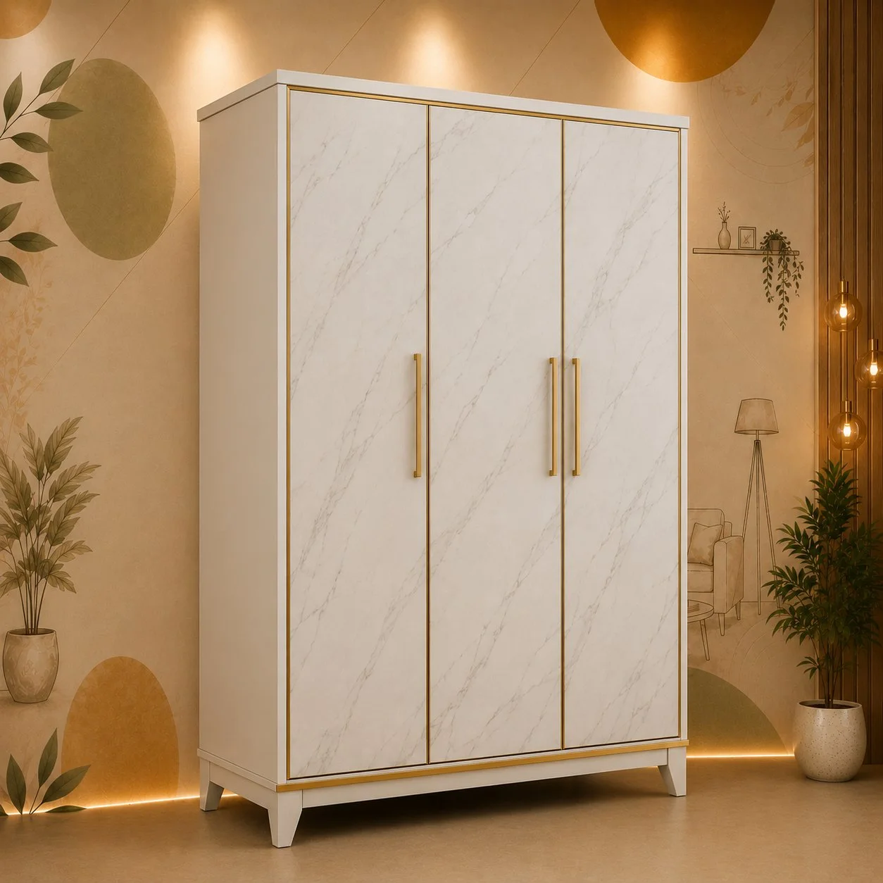 3-Door Ivory Marble Finish Wardrobe with Gold Handles detail 2