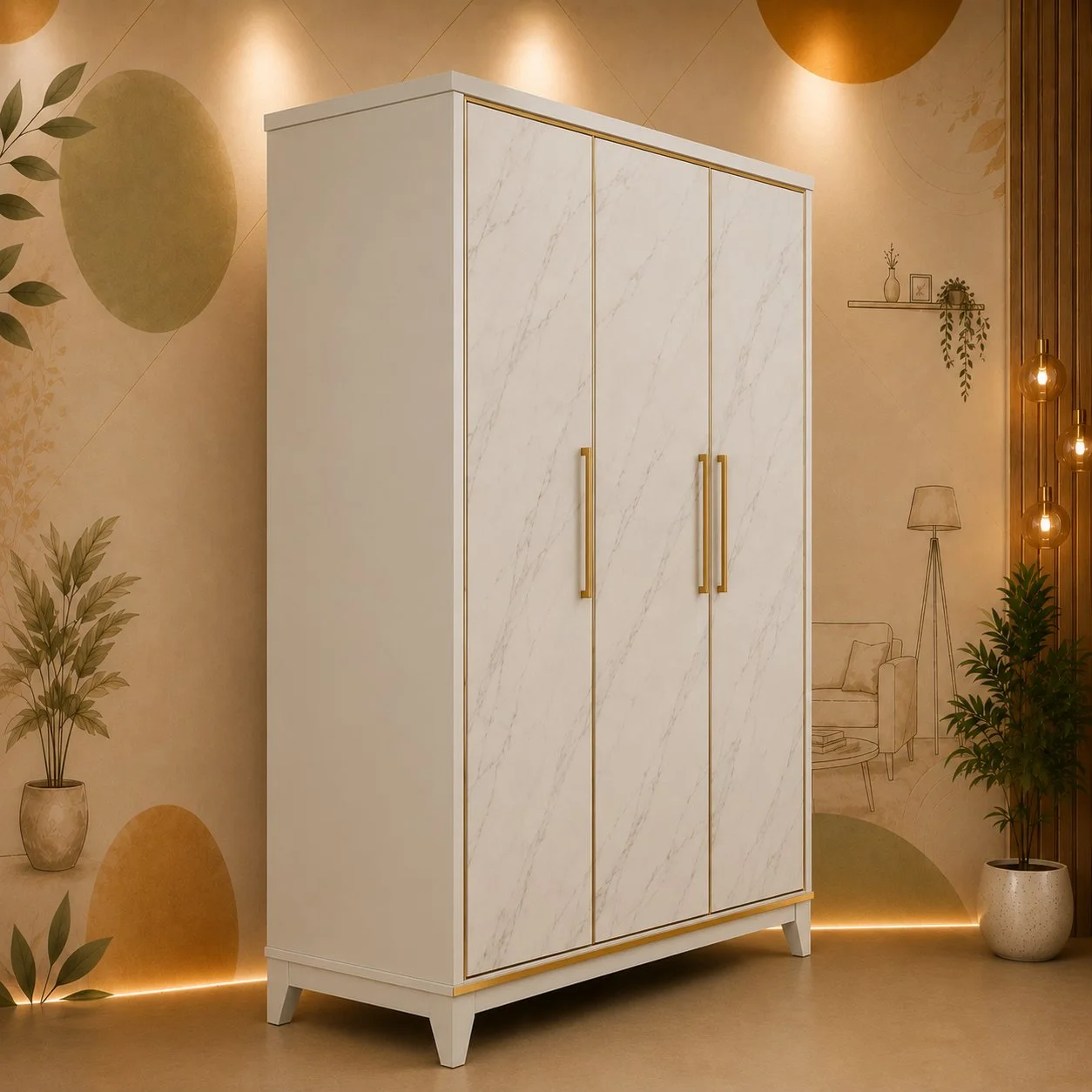 3-Door Ivory Marble Finish Wardrobe with Gold Handles detail 3