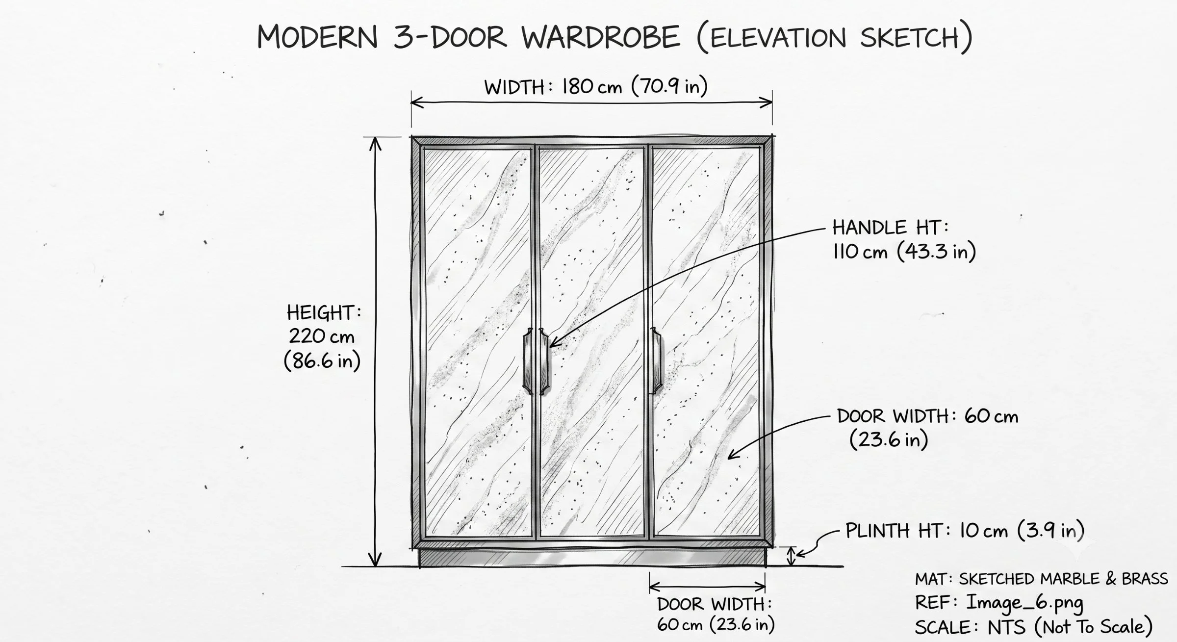 3-Door Ivory Marble Finish Wardrobe with Gold Handles detail 4