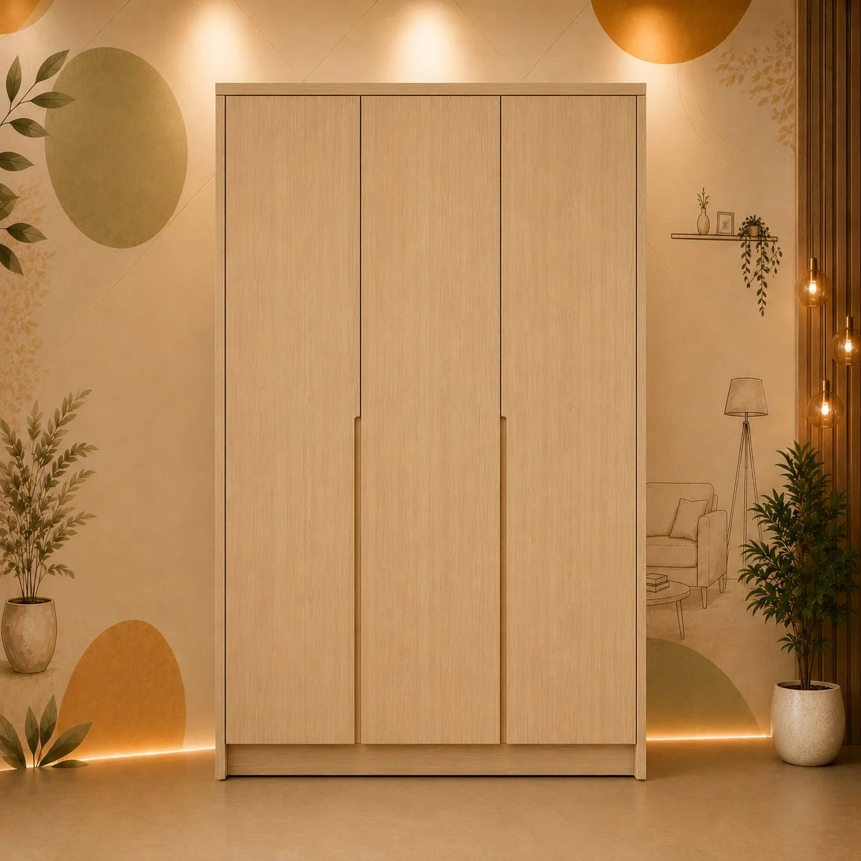 Modern 3-Door Natural Oak Finish Wardrobe