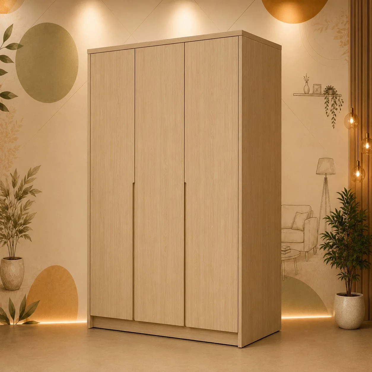 Modern 3-Door Natural Oak Finish Wardrobe detail 2