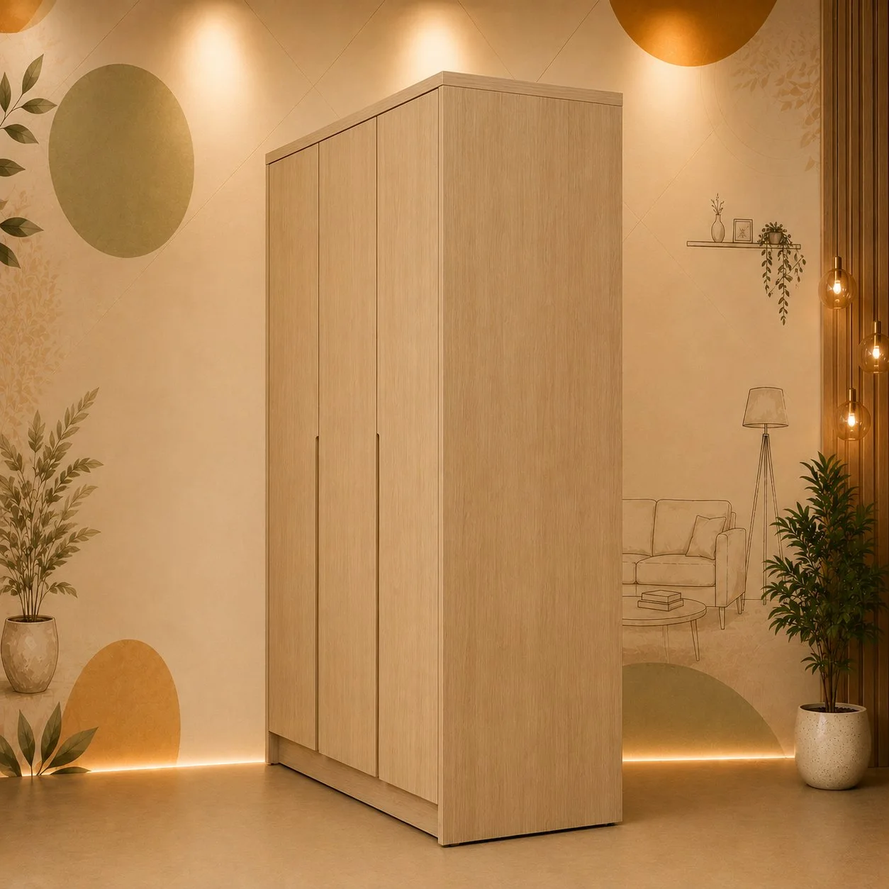 Modern 3-Door Natural Oak Finish Wardrobe detail 3