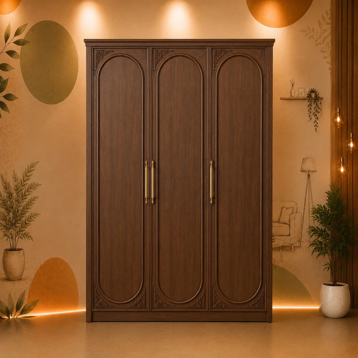 Royal Carved Three-Door Wooden Wardrobe