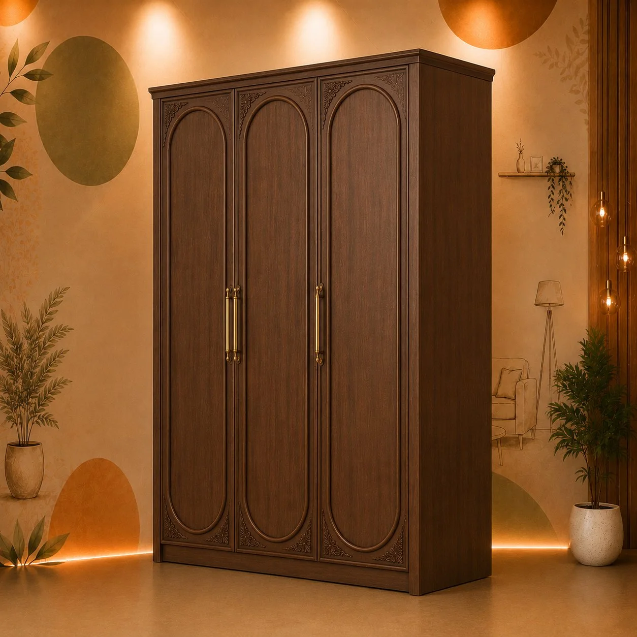 Royal Carved Three-Door Wooden Wardrobe detail 2