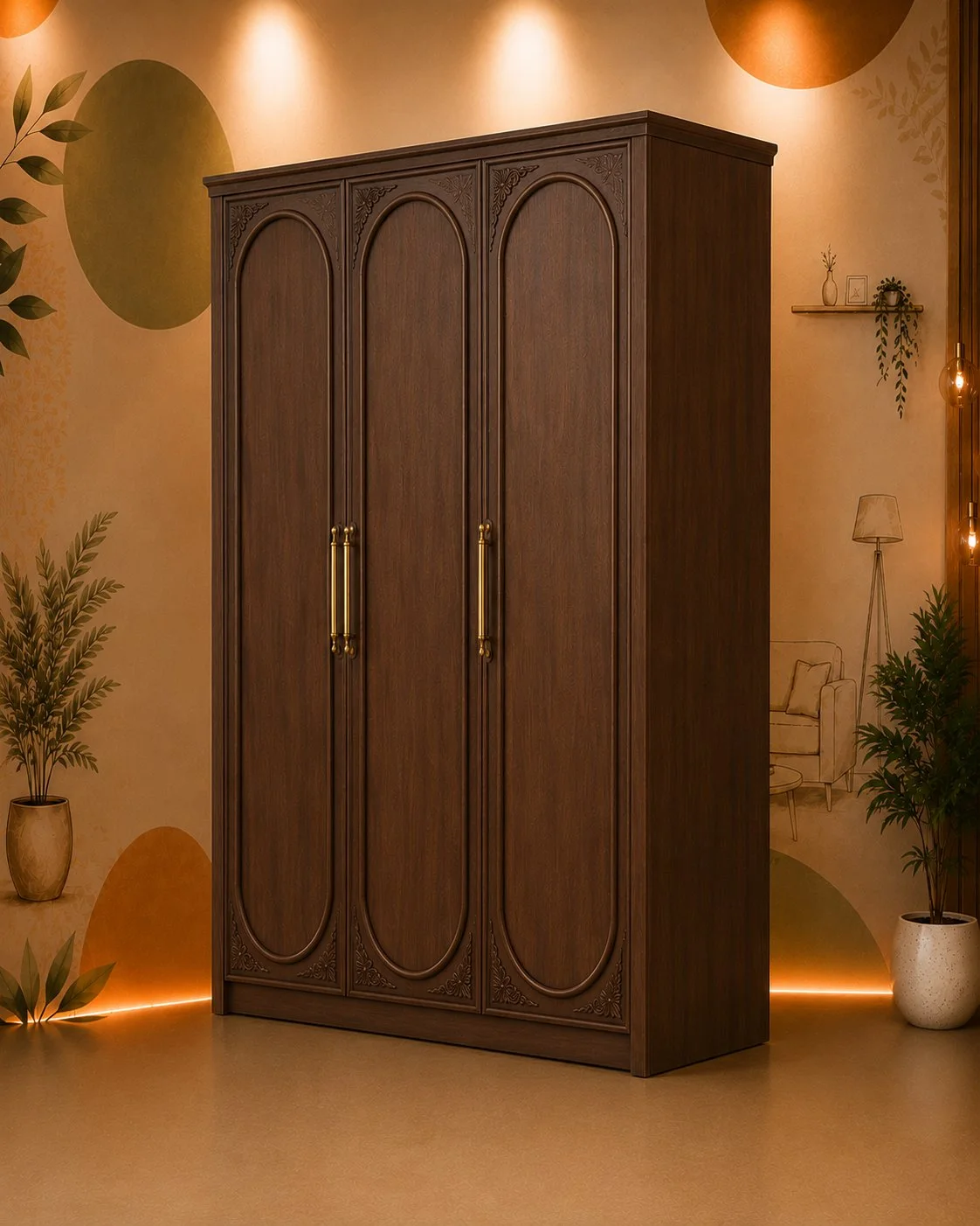 Royal Carved Three-Door Wooden Wardrobe detail 4